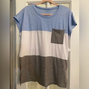 Women’s T-shirt, light blue, gray and white striped, size L